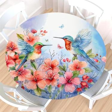 Imagem de Toalha de mesa redonda de beija-flor primavera verão com borda elástica, impermeável, limpável, rosa, vermelha, floral, azul, flores para 101,6 a 111,8 cm, toalha de mesa elástica para jantares