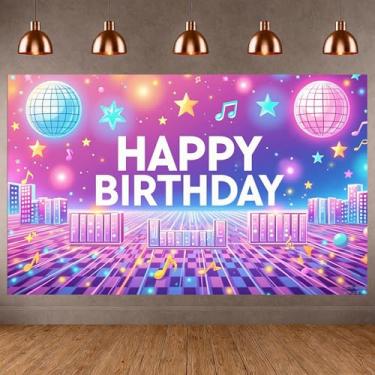 Imagem de Wauprant Banner de fundo de aniversário com luz neon, 188 x 109 cm, tema de dança colorido, tema musical, cenário fotográfico, para mulheres, homens, aniversário, formatura, fotos, adereços