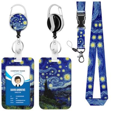 Imagem de Cordão para crachá de identidade, carretel de crachá, noite estrelada para homens, mulheres, fofo, enfermeira, professor, nome, etiqueta, clipe retrátil, chaveiro resistente, trabalho, escritório