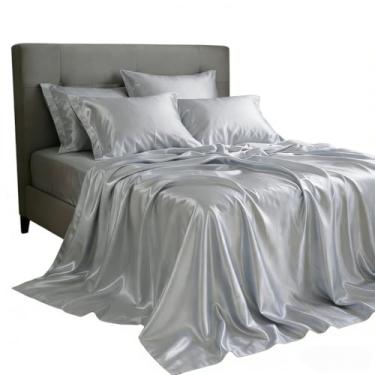 Imagem de Jogo de Cama Cetim Charmousse Sedoso - 4 Peças para Casal, Queen e King Size, Anti-Frizz para Descanso Confortável (PRATA,CASAL)