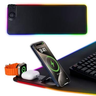 Imagem de Dexmary Mouse pad 3 em 1 com carregamento sem fio, 80 cm x 30 cm RGB com carregamento magnético sem fio, 15 modos de luz, base antiderrapante, teclado impermeável, preto