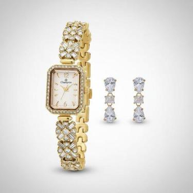 Imagem de Relógio Feminino Champion Dourado Pequeno Luxo +kit CF24715H-Feminino