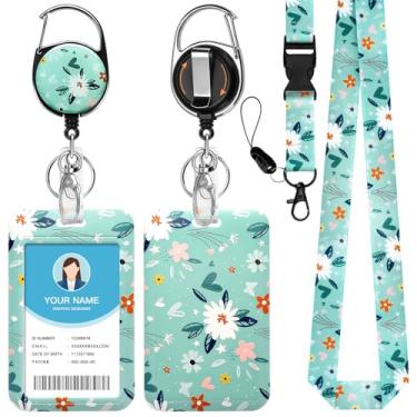 Imagem de Soleebee Porta-crachá de identificação com cordão destacável, lindas flores, crachás de identificação, chaveiro retrátil, carretel de crachá resistente com clipe mosquetão para enfermeira, professor