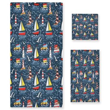 Imagem de xigua Barcos coloridos conjunto de toalhas de banheiro absorvente macio 3 peças toalha de banho toalha de mão toalhas decorativas para banheiro, academia, hotel, praia, piscina