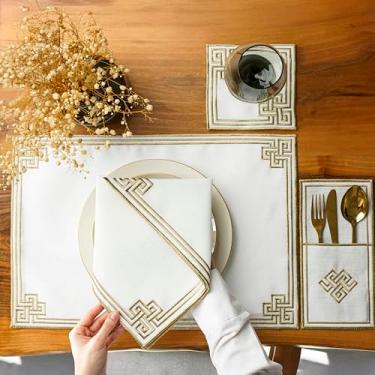 Imagem de Jogo americano bordado com design de rolagem dourada, tapetes de mesa de linho branco com borda decorativa, jogo de mesa de jantar elegante, jogo americano islâmico, Granada para 6 pessoas/24 peças