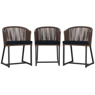 Imagem de 3 Cadeiras De Jantar Noronha Preta Corda Náutica E12 Trama Marrom