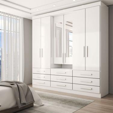 Imagem de Guarda-Roupa Casal Real 6 Portas 9 Gavetas com Espelho 100% Mdf Branco - Panorama Móveis