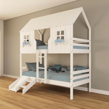 Imagem de Beliche Casinha Encantada Com Kit Escada/ Escorregador Madeira Maciça Branco Housin