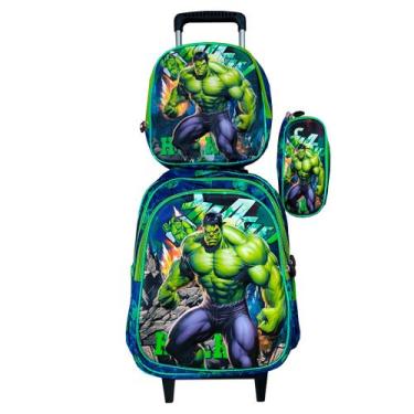 Imagem de Kit Mochila do Hulk em 3D com Rodinhas com Lancheira Térmica e Estojo 