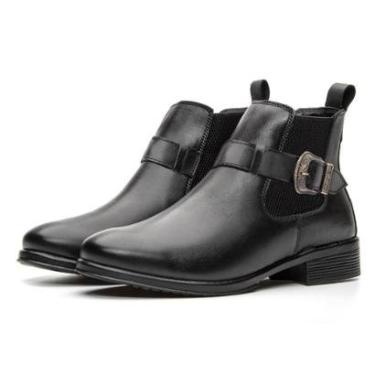 Imagem de Bota Chelsea Feminina Em Couro Elastico Lateral Detalhe Fivela Puxador Traseiro Bico Redondo-Feminino