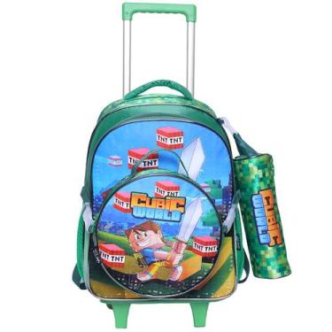 Imagem de Kit mochila carrinho infantil 2 em 1, lancheira térmica e estojo escol