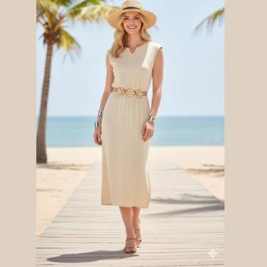Imagem de Vestido Midi em Viscose com Gola V e Sem Manga Cereja Rosa, GG, Beige