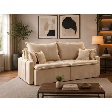 Imagem de Sofá Orfeu 3 Lugares Retrátil e Reclinável 240CM Bege Veludo Nobly Assento Pillow D28 Soft Estrutura Eucalipto