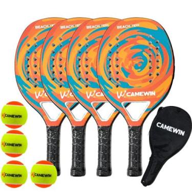 Imagem de Kit 4 Raquetes Beach Tennis Camewin Carbono + 4 Bolinhas, Laranja
