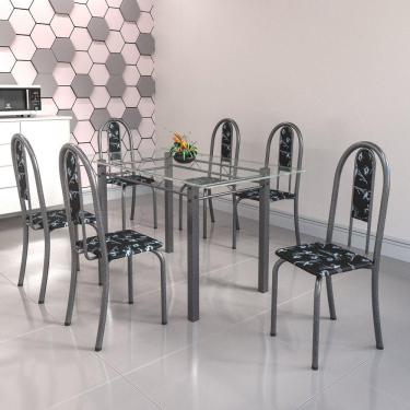 Imagem de Conjunto de Mesa Tubular 6 Cadeiras 140cm com Tampo de Vidro Iris Soma Móveis Preto Floral/Prata
