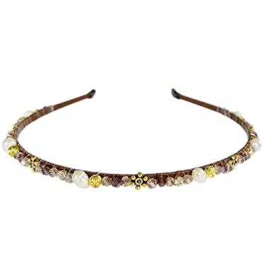 Imagem de Faixa de cabelo com strass de cristal, diamante com contas de pérola, brilhante e brilhante, argolas de cabelo, acessórios de cabelo, decoração de cabelo para mulheres e meninas com caixa de presente (marrom)