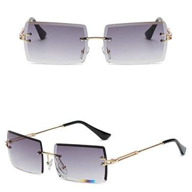 Imagem de Óculos de sol sem aro quadrado pequeno luxo tendência vintage óculos de sol para mulheres/homens estilo gradiente de metal sombra retangular, ouro duplo C1 cinza, tamanho único
