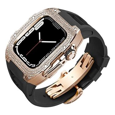 Imagem de SULUET Rm mod kit capa de diamante e pulseira fluororubber para Apple Watch Series 8 7 6 5 4 se, pulseira de borracha de flúor capa de strass para iwatch 45mm 44mm (cor: preto, tamanho: 45mm para 8 7)