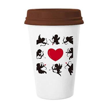 Imagem de Caneca de cerâmica com estampa de anjo do Cupido com coração vermelho e vidro para beber café
