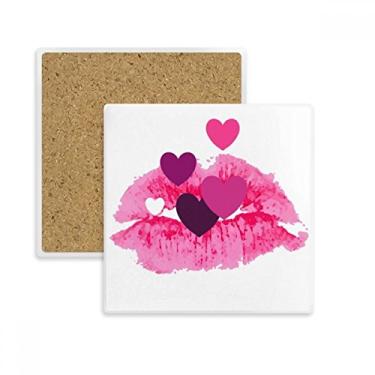 Imagem de Corações de lábios rosa Dia dos Namorados Quadrado Porta-copos Caneca Suporte Subplaca Pedra de Isolamento