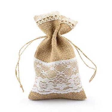 Imagem de Saco de juta Hessian Summer-Ray 20 com cadarços e desenho para lembrancinhas rústicas de casamento (15 x 10 cm)