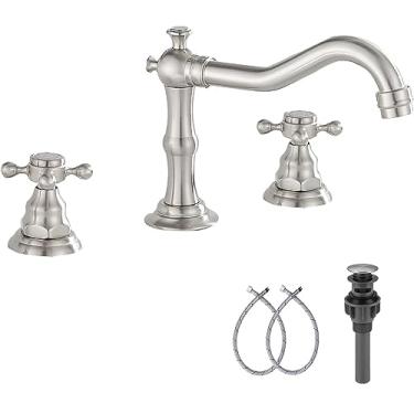 Imagem de GGStudy Torneira com duas alças de três furos 8-16 polegadas torneira de pia de banheiro generalizada torneira de bacia de níquel escovado torneira misturadora de metal combinando ralo pop up