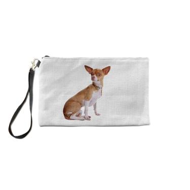 Imagem de DogsMakeMeHappy Bolsa de maquiagem Chihuahua, bolsa de cosméticos para amantes de chihuahua, organizador de maquiagem artística de chihuahua, presentes para chihuahua, bolsa de higiene pessoal do amor do filhote de chihuahua, ideia de presente de cesta de aniversário de Natal, Branco, Bolsa Cosmétic