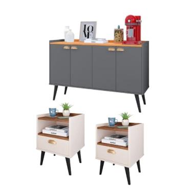 Imagem de Kit Casa Completa 2 Mesas Cabeceira Estilo Mesinhas Lateral Cama Aparador Buffet Kiev Cantinho Café Cozinha Sala Estar - RPM Móveis (Off/Freijó | Cinza/Cinamomo)