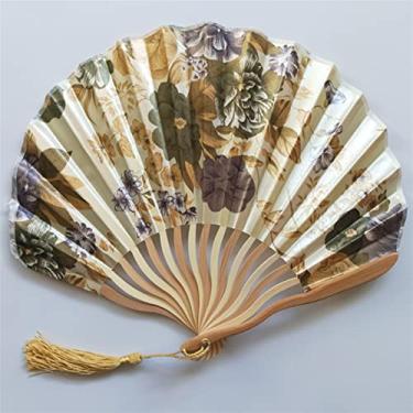 Imagem de Leque dobrável estilo japonês leque de seda ventilador dobrável de bambu chinês vintage em forma de onda quilha dança leques de mão artesanato decoração de casa ornamentos presentes acessórios decorativos feitos à mão (cor: verde exército)