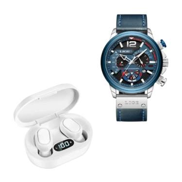 Imagem de Relógio de pulso analógico com cronógrafo, LIGE LG8959, pulseira de couro cor azul + Fones Bluetooth E7S branco, e 90 dias de garantia de fabricação, Combo T&T ELECTROTECH 063.