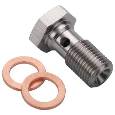 Imagem de Podavelle 3AN 3/8 x 24 UNF Adaptador de encaixe de freio de parafuso único banjo de aço inoxidável 20 mm de comprimento com arruelas de cobre