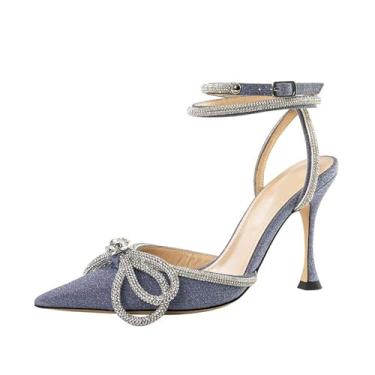 Imagem de ARQA Sapatilhas femininas de strass com tira no tornozelo stilettos pontiagudos de cetim saltos gatinho sem costas vestido de noiva sandálias de salto alto