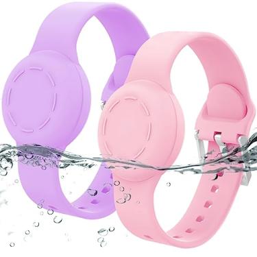 Imagem de Pulseira impermeável para crianças, pulseira de silicone compatível com Apple Air Tag, capa com suporte oculto para rastreador GPS antiperda ajustável para crianças pequenas (pacote com 2, rosa e