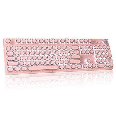 Imagem de CHICHEN Teclado para jogos estilo máquina de escrever Steampunk retrô, interruptores azuis, luz de fundo branca pura, com fio USB, para PC, laptop, desktop, teclado mecânico rosa elegante, teclas