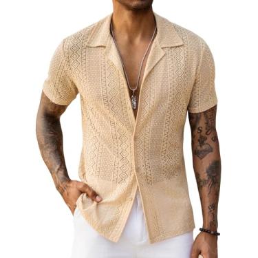 Imagem de URRU Camisa masculina de renda floral, manga curta, vazada, transparente, transparente, casual, abotoada, Caqui, G
