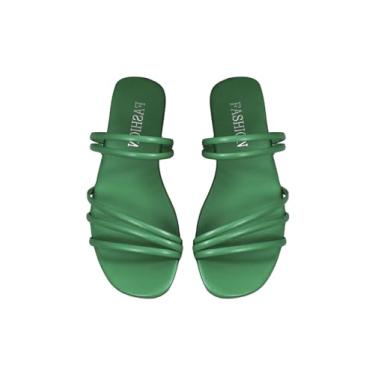 Imagem de SweatyRocks Sandálias femininas de couro com tiras cruzadas e bico aberto, sandálias rasteiras de verão, Verde, 35