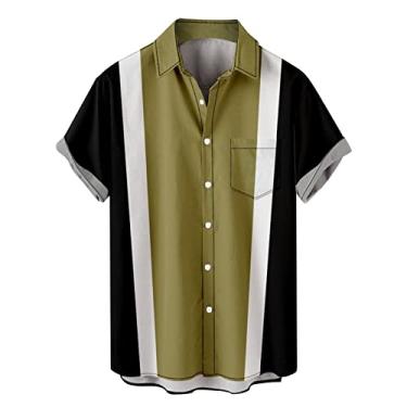 Imagem de Camisa havaiana masculina de manga curta com botões soltos retrô manga curta havaiana casual listrada camisas de boliche personalizadas, 0117e-amarelo, 3G
