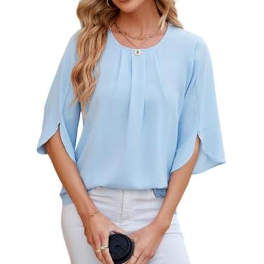 Imagem de Blusas femininas de chiffon elegantes casuais plissadas gola redonda manga 3/4 camisas de verão, Azul, M