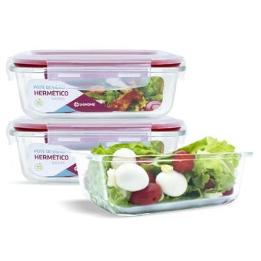 Imagem de Conjunto 3 Pote Vidro Hermético Marmita Tampa Plástico 640ml (Vermelho)