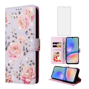 Imagem de Asuwish Capa de celular para Samsung Galaxy A05s/A05 carteira celular com protetor de tela de vidro temperado porta-cartão de flor suporte cordão alça de pulso Ao5s Ao5 A 05s 05 mulheres homens rosa