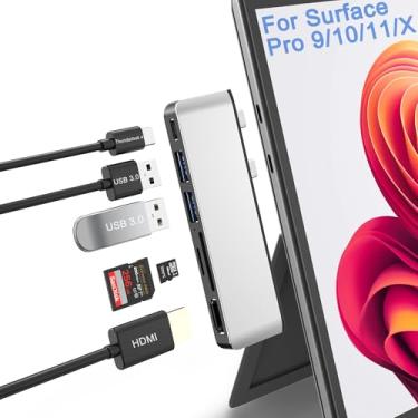 Imagem de Acessórios Surface Pro 9, estação de ancoragem Surface Pro 9 com HDMI 4K, USB-C Thunerbolt 4 (vídeo 8K + dados + 100W PD), 2 USB 3.0, leitor de cartão SD/TF, hub USB C para Surface Pro 9/Pro X