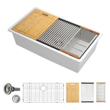 Imagem de Sarlai Composto de granito para pia de cozinha branca 30 – 76 x 48 cm Pia de cozinha subterrânea composta de granito branco quartzo tigela única sob a borda do balcão lavatórios da estação de trabalho