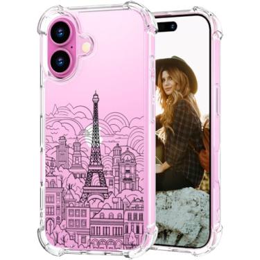 Imagem de Hungo Capa compatível com iPhone 16 para mulheres, meninas, design claro, bonito, feminino, capa de designer para 16 Torre Eiffel Paris paisagem urbana nuvens edifícios Skyline City Tour