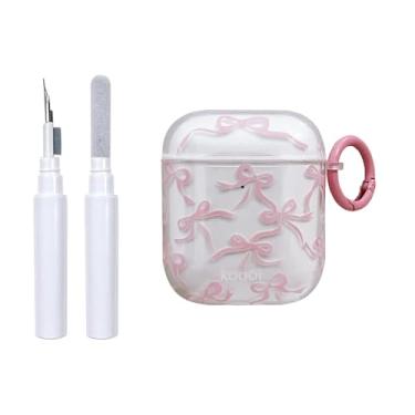 Imagem de Faneiy Capa para AirPods (com kit de limpeza) Capa de fone de ouvido transparente com estampa de laço bonito design moderno e estética à prova de choque para AirPods 2 e 1 - laço rosa