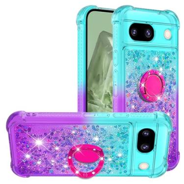Imagem de Monwutong Capa de telefone de ajuste fino para Google Pixel 7A, brilhante efeito areia movediça TPU com suporte de anel de metal e proteção pesada nos quatro cantos para Google Pixel 7A, azul roxo