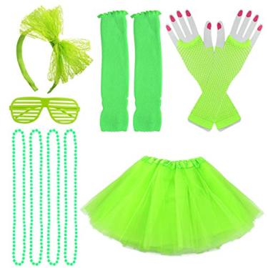 Imagem de jiebor Acessórios de fantasia dos anos 80 para meninas, crianças, saia tutu, polainas e luvas arrastão de vidro, faixa de cabeça, colar, Verde, One Size