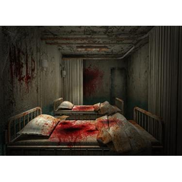 Imagem de BELECO Bloody Hospital Ward Halloween pano de fundo 2,4 x 1,8 m Spooky Hospital Sickbed Blood Splatter Murder Crime Background Halloween Zombie Party Decoration Horror Birthday Backdrop Photo Props