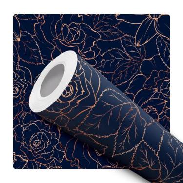 Imagem de Papel de Parede Adesivo Azul Marinho Floral Rose Gold Lineart Moderno 