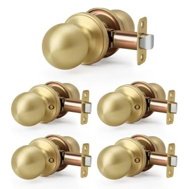 Imagem de LOQRON Pacote com 5 maçanetas de porta com design de bola de ouro escovado sem trava, maçaneta redonda sem travamento para corredor/armário, acabamento em latão acetinado