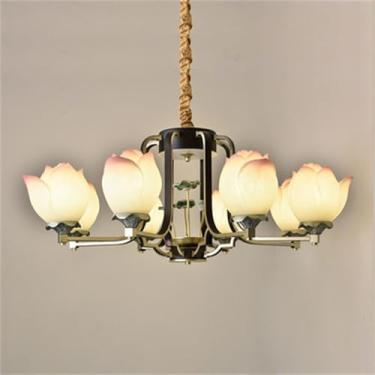 Imagem de OUFULA Luminária pendente de lótus contemporânea chinesa retrô criatividade sala de estar restaurante quarto villa hotel balcão decoração led lustre (C 8 lights)